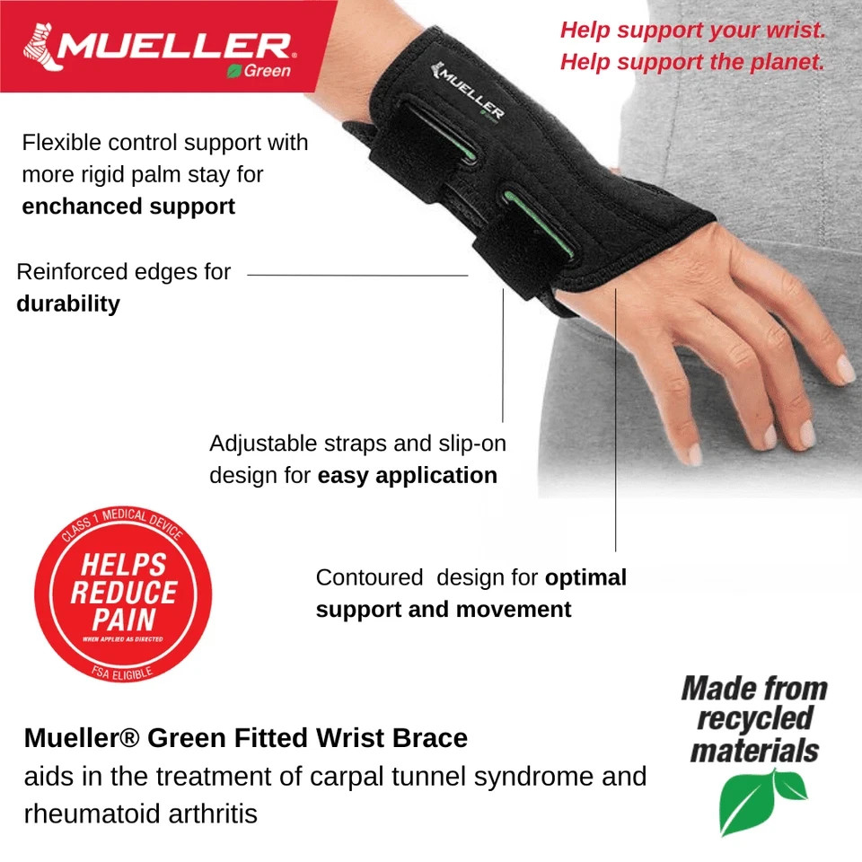 Mueller Green Fitted Wrist Brace, Left Hand, Unisex, One Size Fits Most,