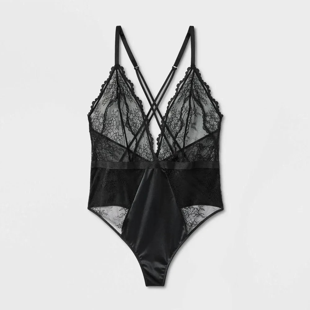 Auden Women's Unlined Lace Lingerie Bodysuit Black Size Large