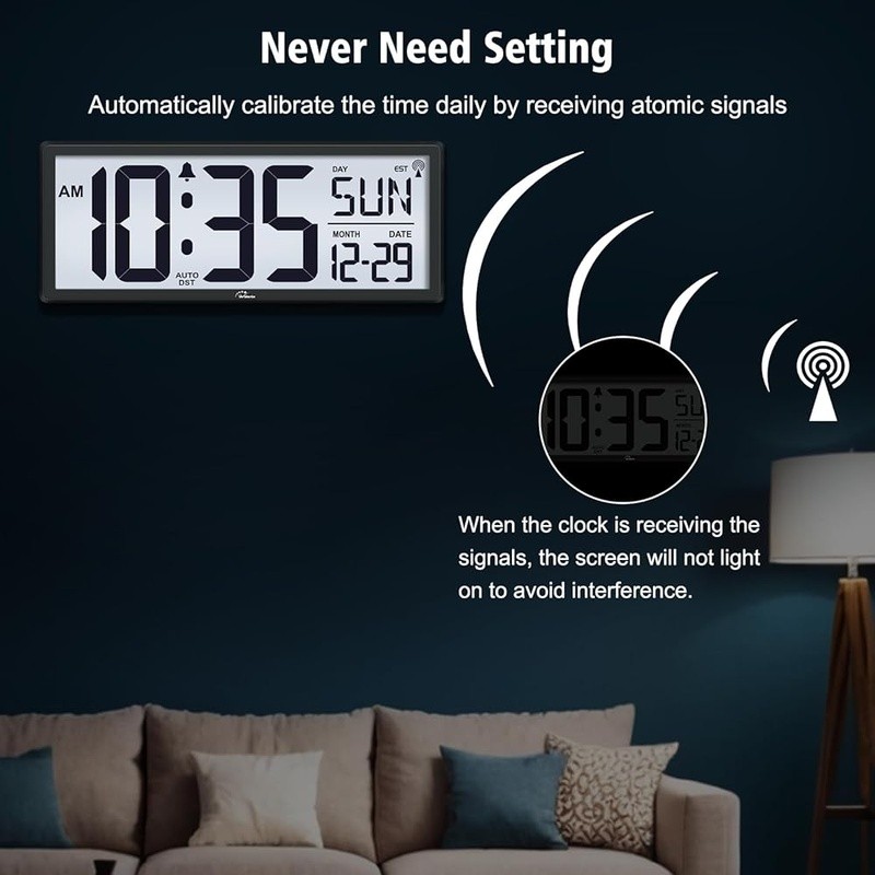 Atomic Digital Clock Battery Operated Backlight Indoor Temp Date Day Display New