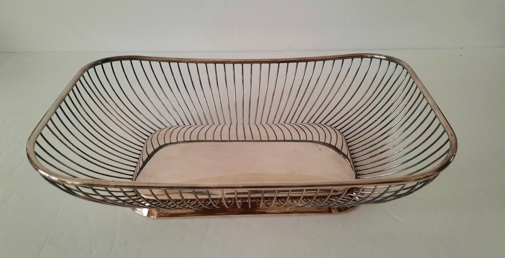 Vintage 11.75 Silver-plate Rectangle Wire Bread Fruit Basket Table Serve Décor