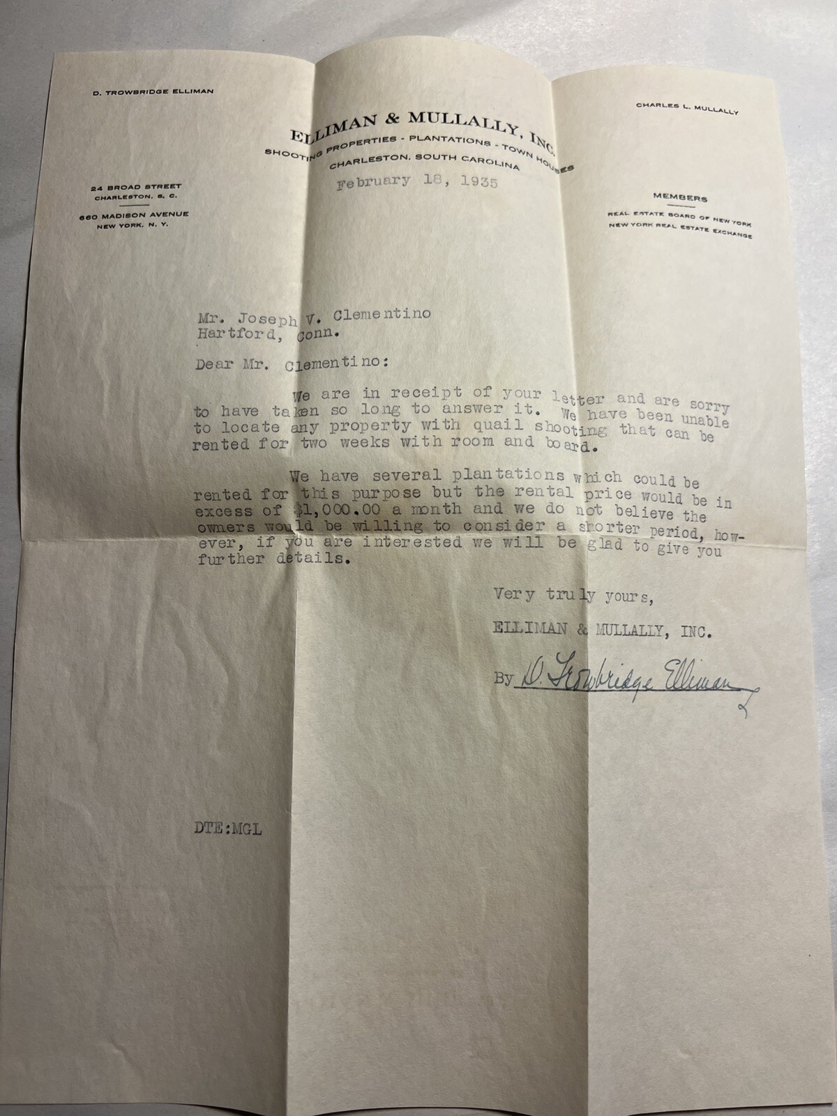 Charleston SC Ellimann& Mullally Inc Letter 1935 Correspondence Letterhead