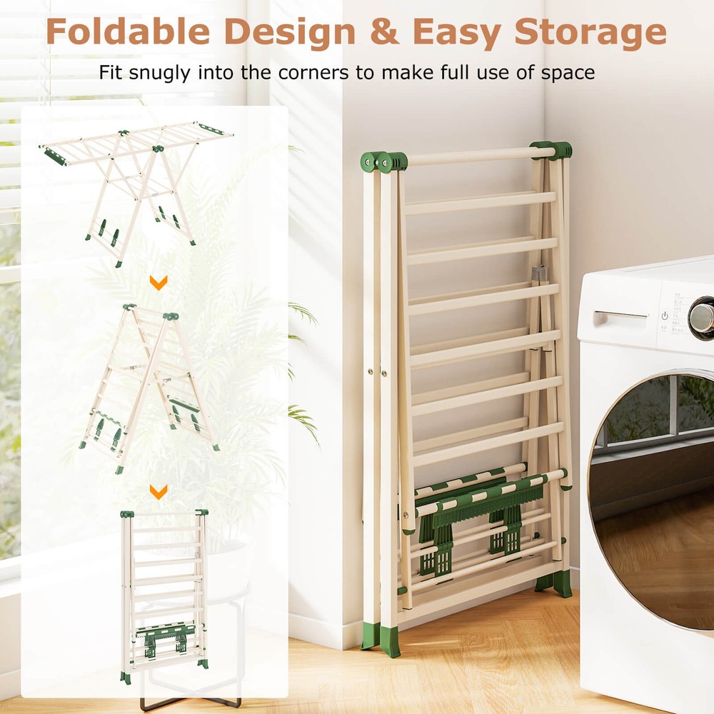 Foldable Metal Laundry Drying Rack w/Height Adjustable Wings, 18 Drying Rails