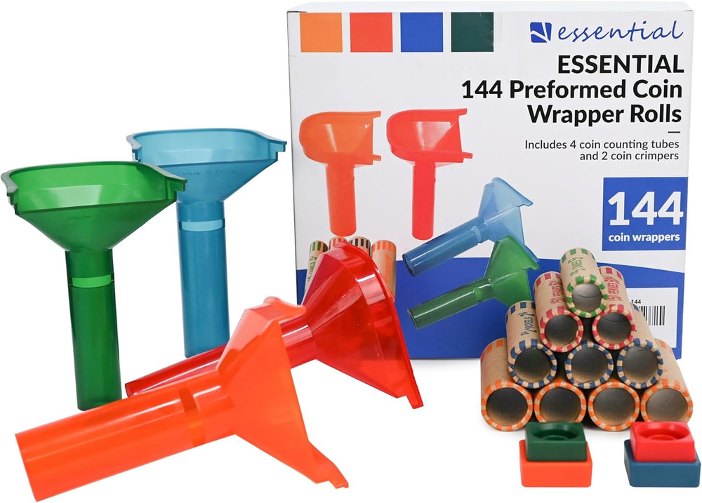 144 Pcs Assorted Preformed Coin Wrapper Rolls with Color Coded Counter Tubes