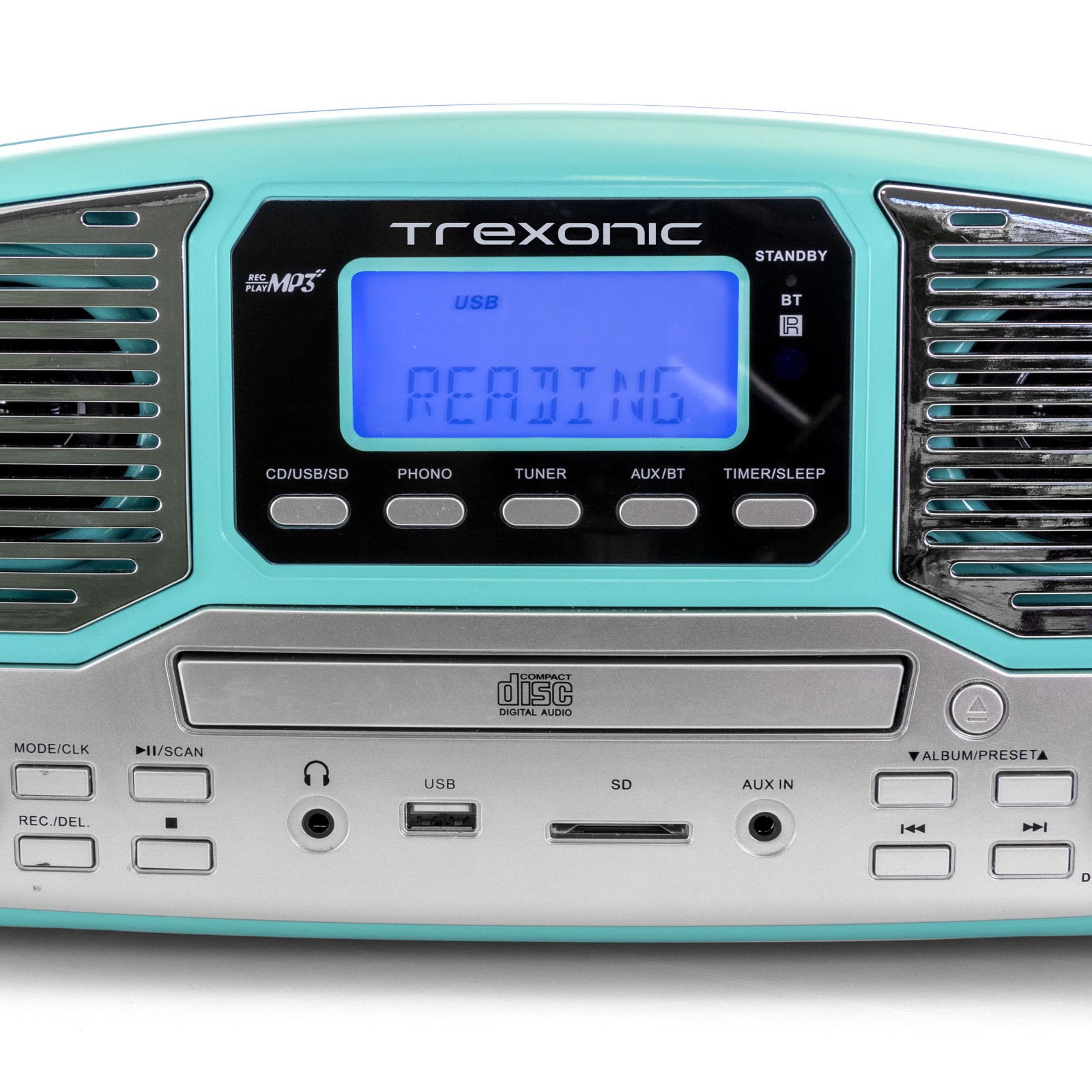 Trexonic Retro Wireless Bluetooth, Record and CD Player in Turquoise