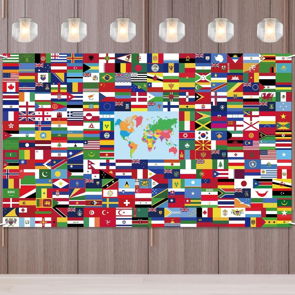 World Flags Banner - 5x3ft Polyester International Flag Backdrop with String ...