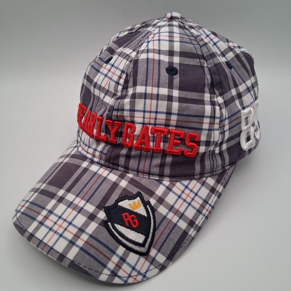 Pearly Gates Golf Hat Cap Strap Back Plaid Gray White Blue Red Script Shield 89