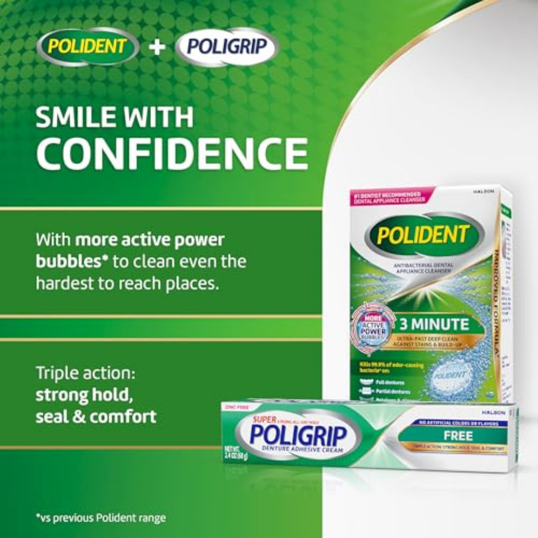 Super Poligrip Zinc Free Denture & Partials Adhesive Cream, 2.4 ounce Pack of 4