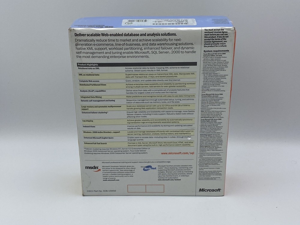 Microsoft SQL Server 2000, SKU 810-01407, Sealed Retail Box, 1-Processor License