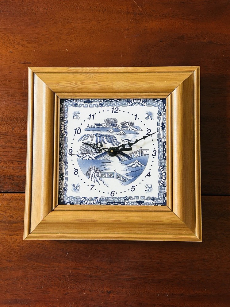 Vintage Blue & White Willow Pattern Ceramic Tile Wall Clock, Wooden Frame