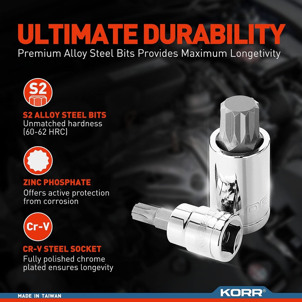 KORR Tools KSS009 10pc XZN Triple Square Spline Bit Socket Set