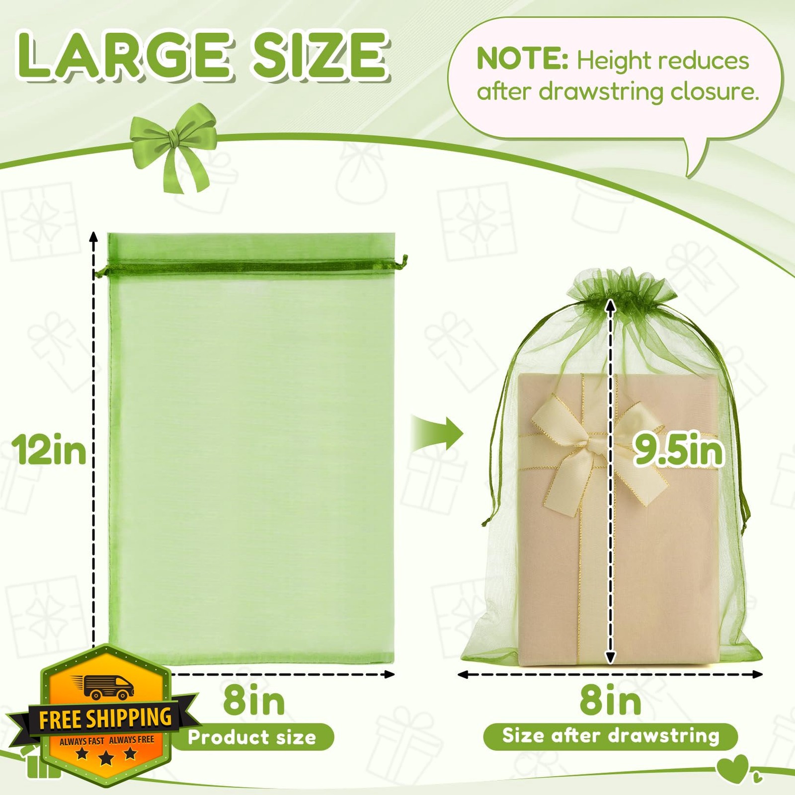 Crweety 100pc Organza Bags 8x12 Green Drawstring Gift Favors