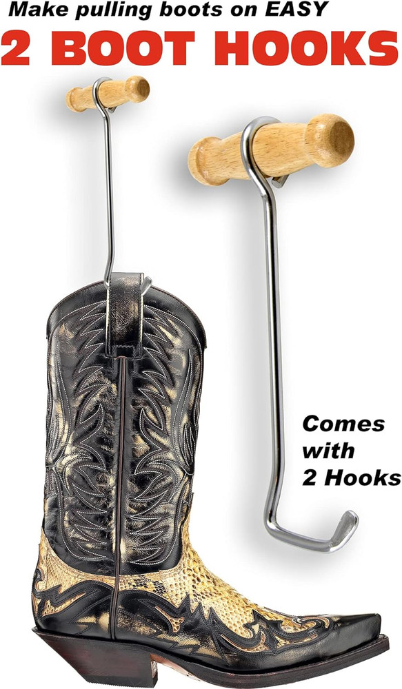 Boot Hooks and Puller for Cowboy Boots, Wood Handles (2 Hooks)