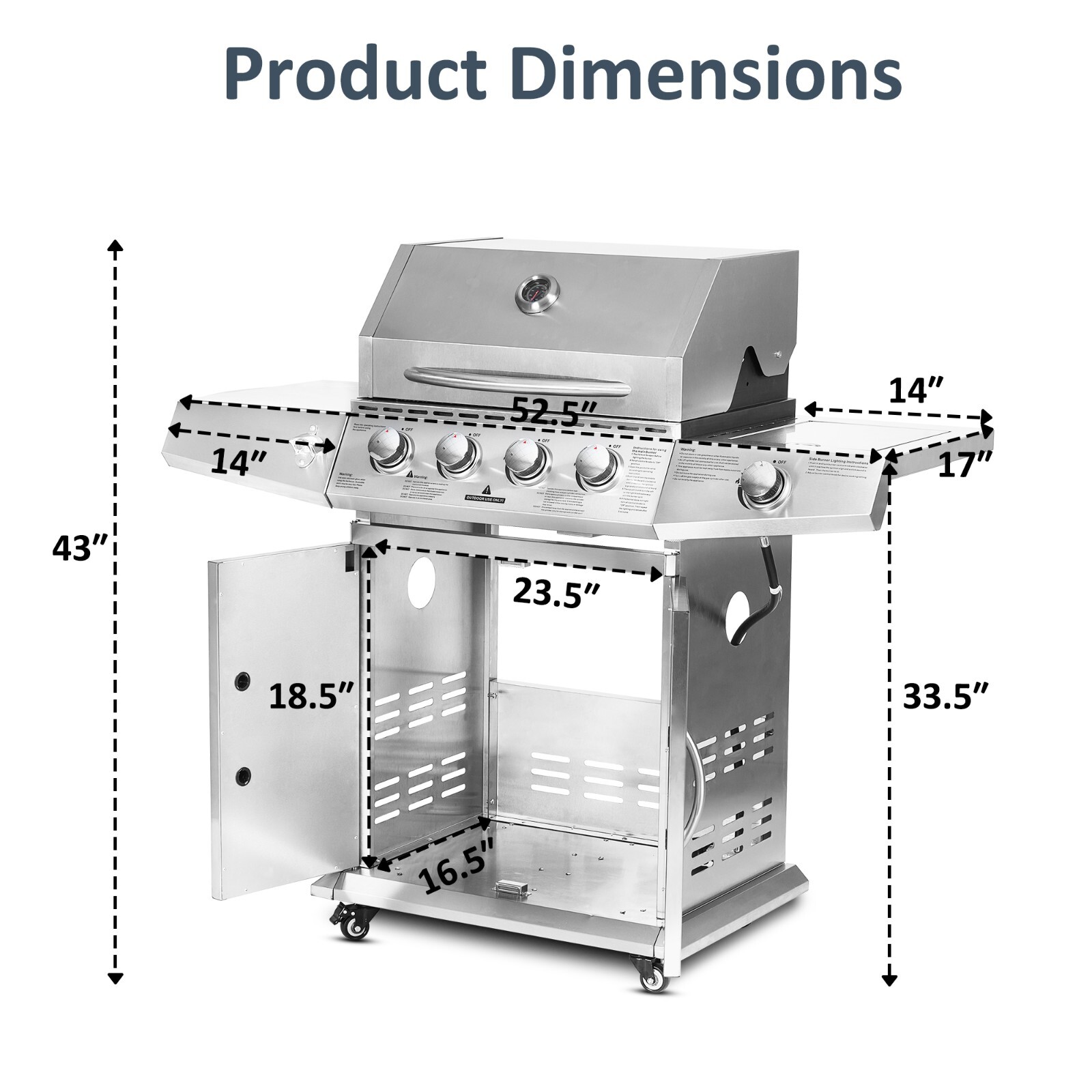 Propane Gas Grill 4 Burners Stainless Steel Grill Cart Outdoor Cooking BBQ 4+1