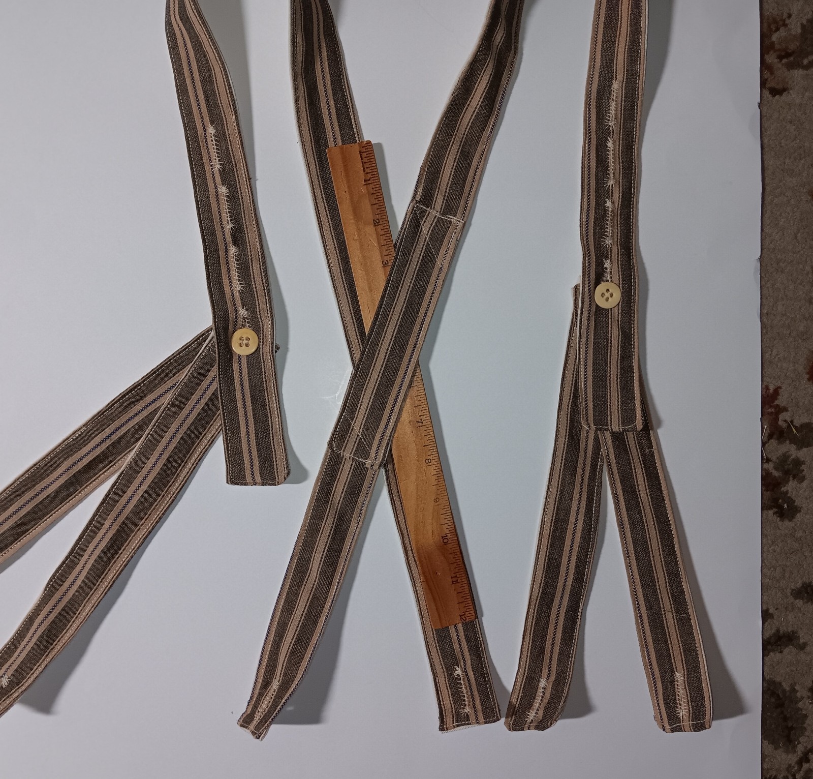 Civil War Braces TEA DYE GRAY BLUE sewn on Period Hand Crank Sewing Machine