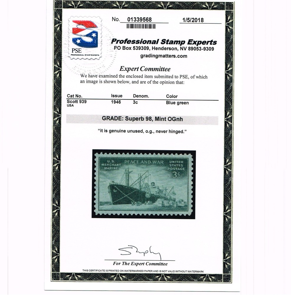 EXCEPTIONAL GENUINE SCOTT #939 MINT PRISTINE OG NH PSE CERT GRADED SUPERB 98