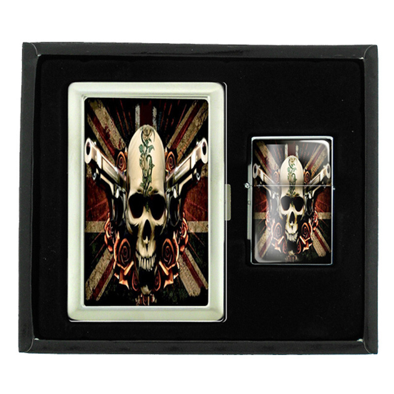 SKULL D2 CIGARETTE CASE / WALLET & LIGHTER GIFT SET