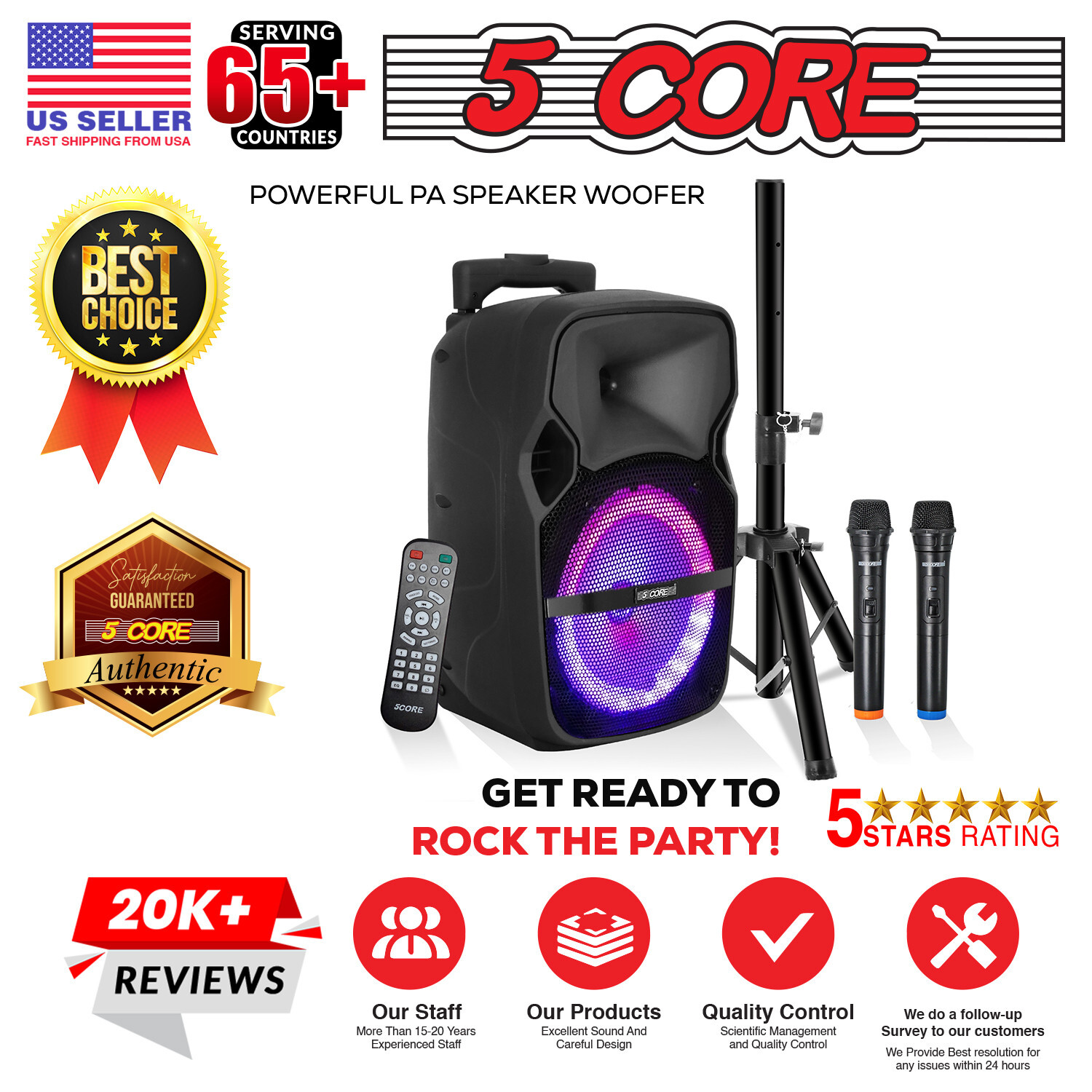 5Core 8 Inch Portable PA System 500W Bluetooth Party Speaker + 2 Wireless Mic