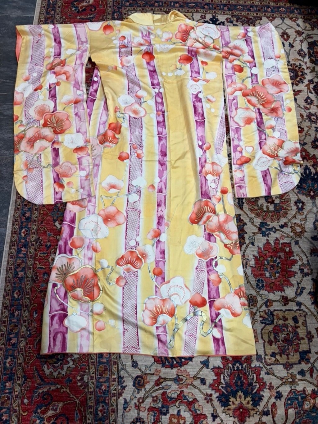 Vintage Mitsukoshi Silk Kimono Yellow Floral Gold Handpainted Long Robe Japan