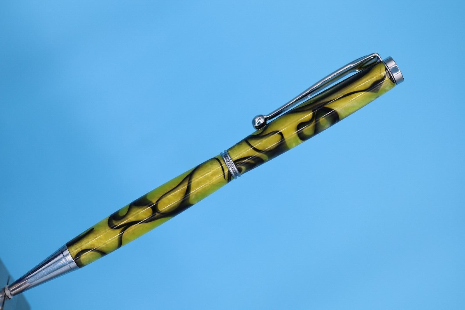 Fancy Slimline Ballpoint Pen in Chrome with Gold Resin and Black Swirls