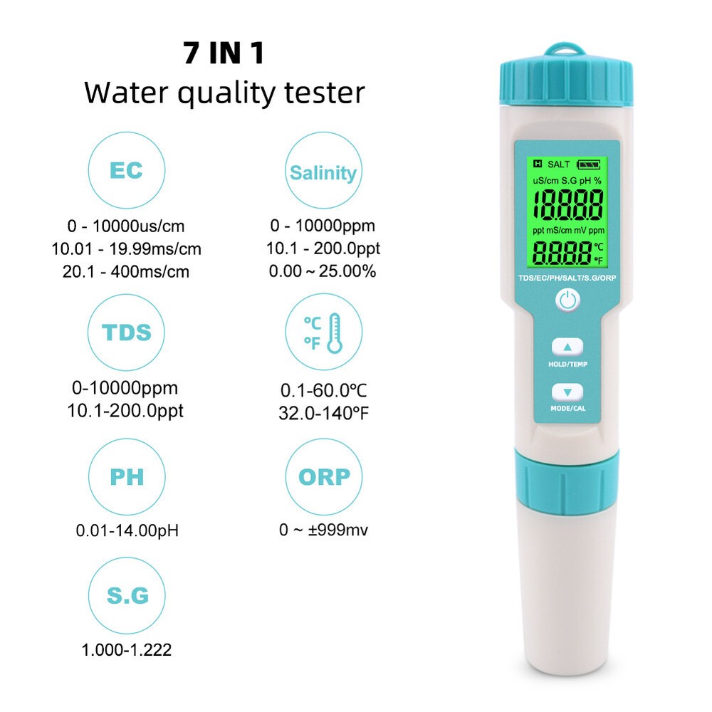 Portable Digital Water Quality Meter Tester LCD PH/TDS/EC/ORP/TEMP/SG/Salinity