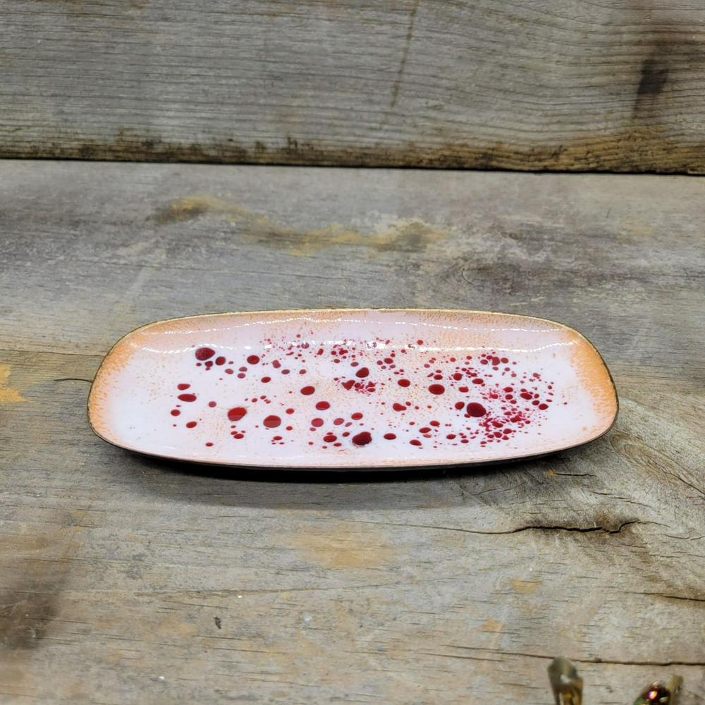 Handmade Enamel on Copper Rectangular Dish Pink With Red & Gold Speckles