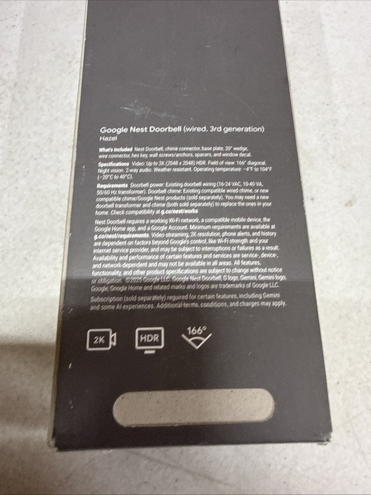 Google Nest Doorbell Smart 2K Wired 3rd Generation with Gemini Hazel