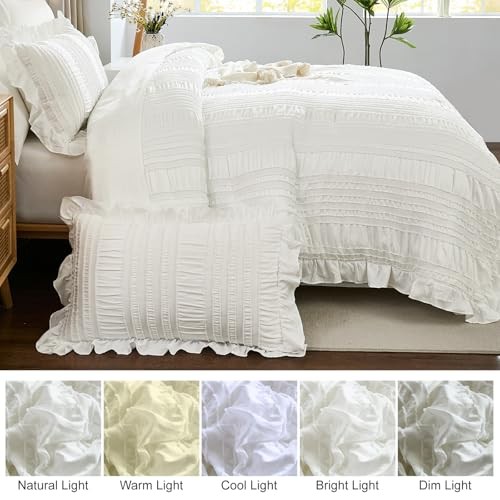 Comforter Set,7 Pieces Ruffle Comforter Set with Sheets,Textured King White