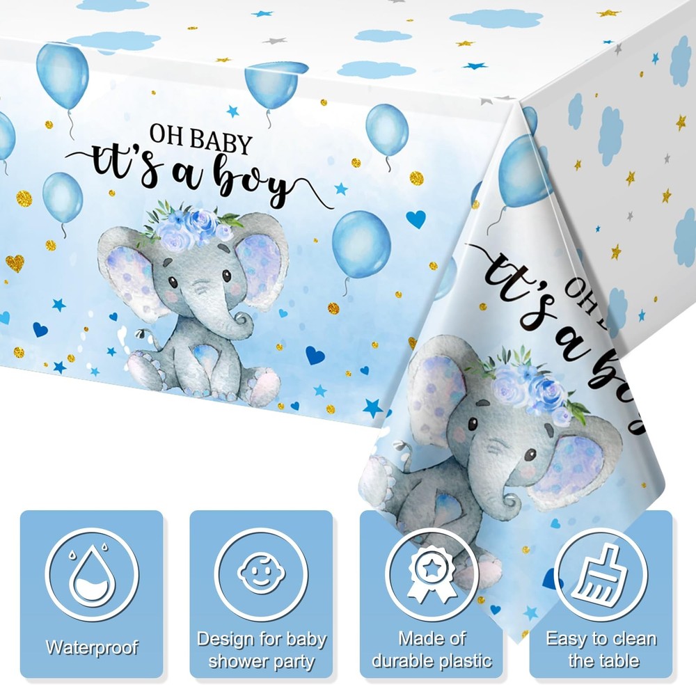 Shower Table Covers, 3PCS Elephant Theme, Plastic 54x108, Blue