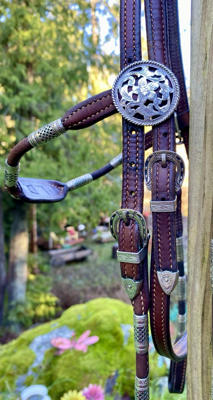 Vntg Poco Western Bridle & Romel Reins Silver Ferrule Fleming Filigree Sterling