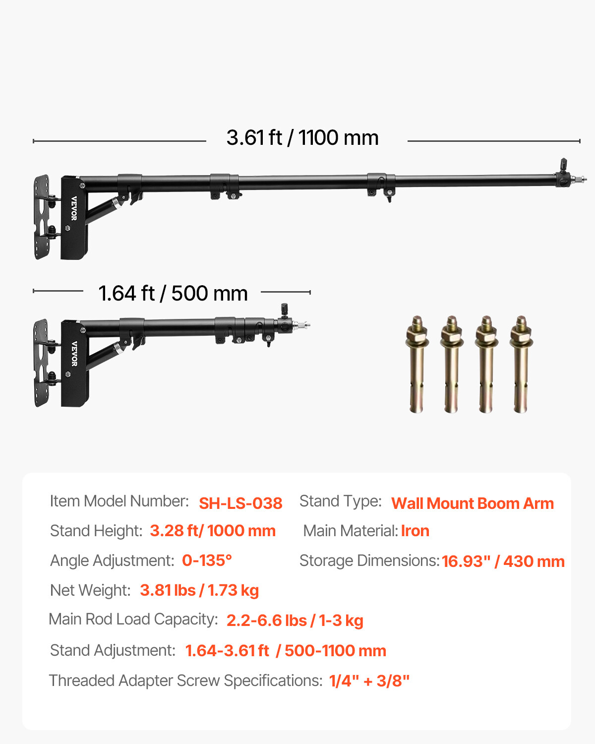 Wall Mount Triangle Boom Arm Light Stand 39.37 in/100 cm Ring Light Support