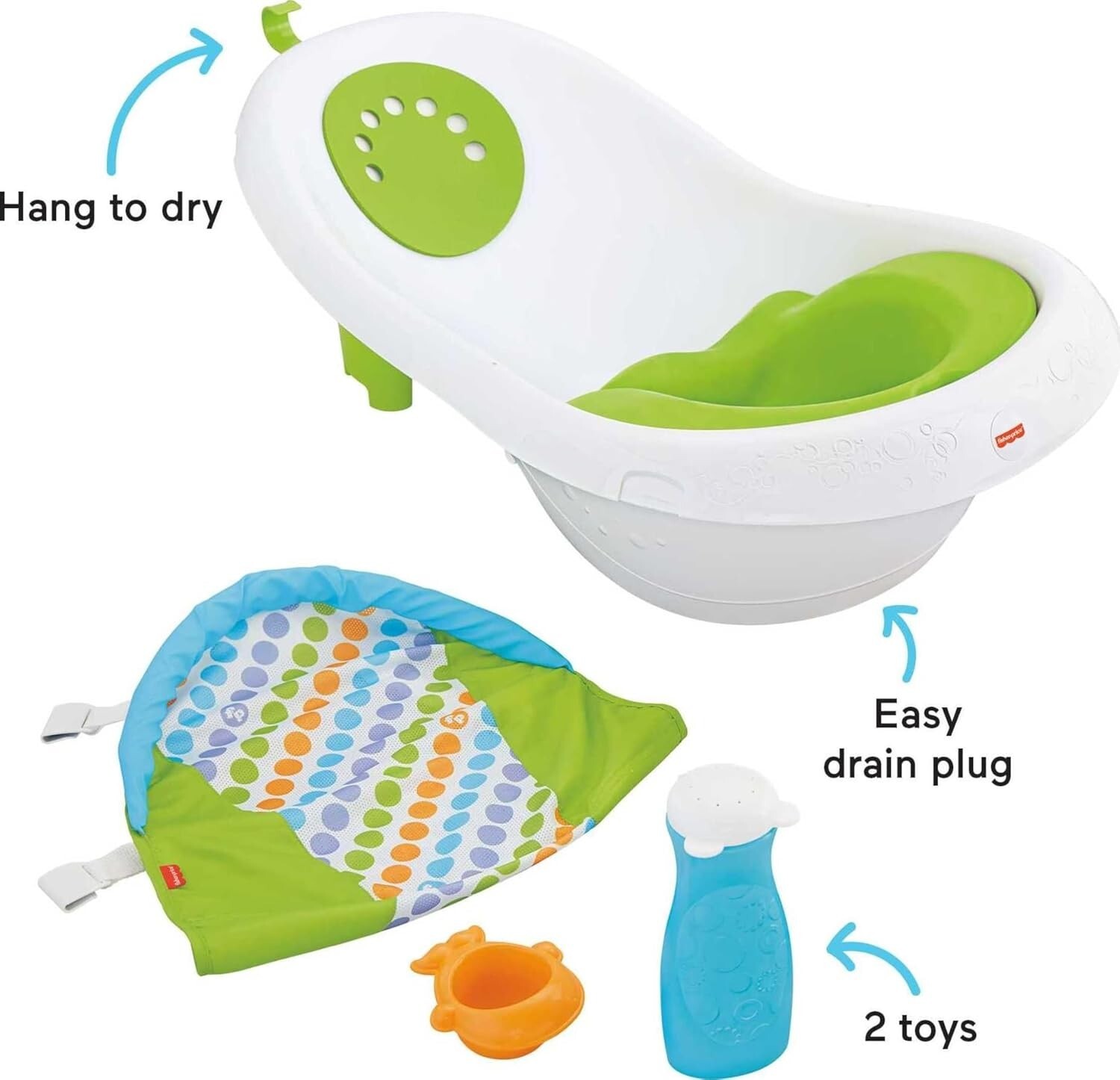 Fisher-Price Baby to Toddler Bath 4-in-1 Slingn Seat Tub 2 Toys Green