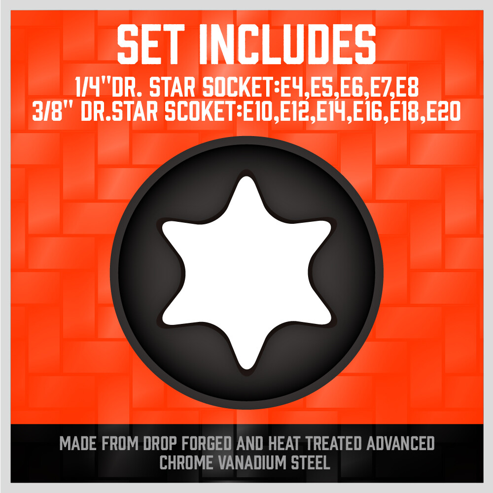 11PC Female E-TORX Star Socket Set External E4-E20 Torque 3/8" 1/4" Dr. & Rail