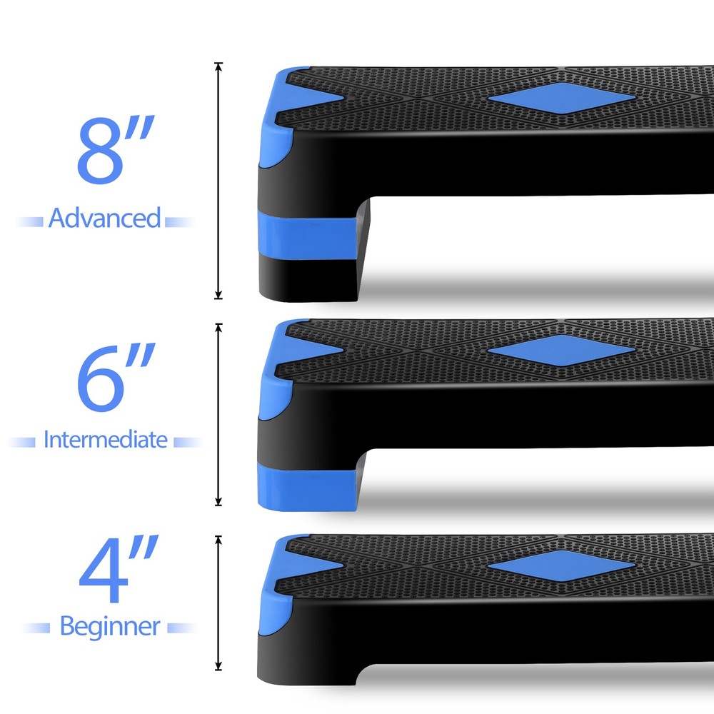 Aerobic Step Platform Exercise Step Adjustable Height 4"-6''-8' w/4 Risers Blue