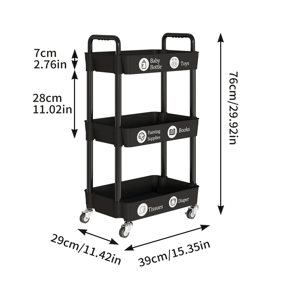 3Tier Utility Rolling Kitchen Storage Cart Organizer Black Lockable Wheels