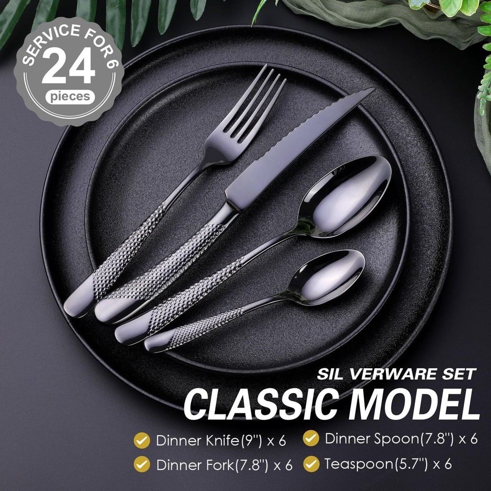 Premium 24-Piece Hammered Black Flatware Set - Mirror Polished & Dishwasher Safe