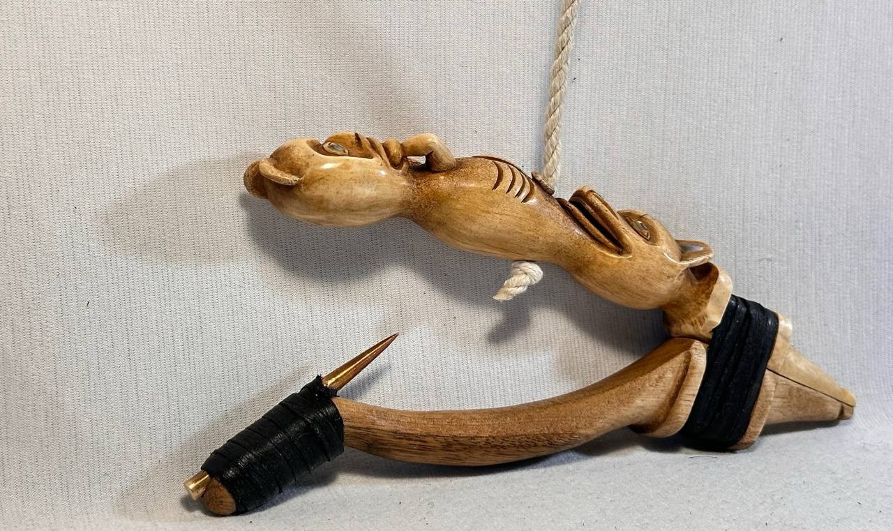 Wolf and Beaver Totem Halibut Hook, Shell Inlay, Northwest Coast Design