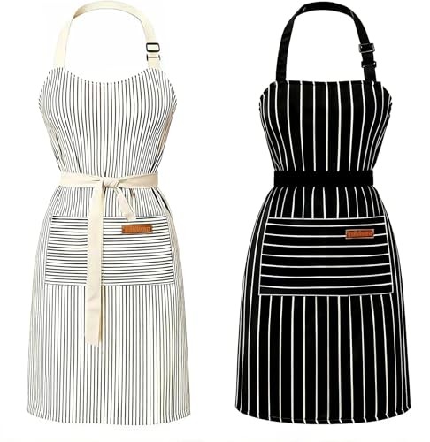 2 Pack Apron - Unisex, Adjustable Bib Kitchen Apron, Black and Brown Striped