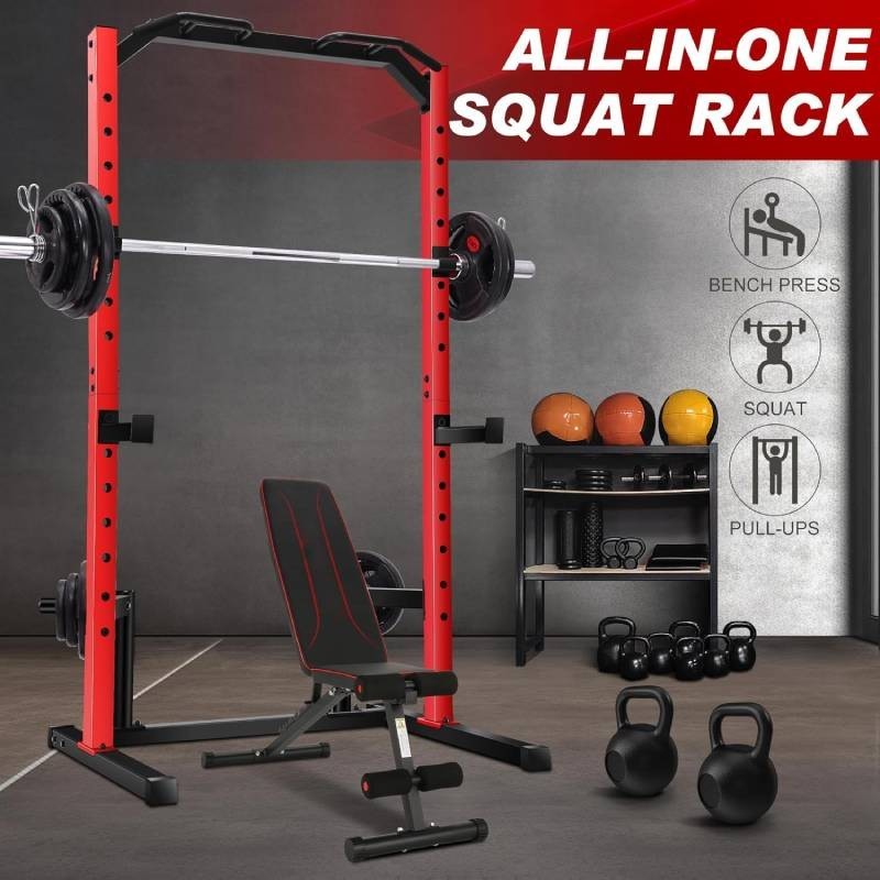 Adjustable Multi-Function Power Rack Power Cage Squat Rack w/Pull Up Bar&J-Hooks