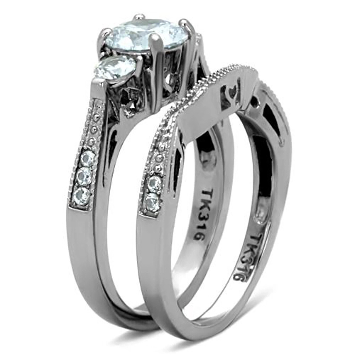 HERS & HIS STAINLESS STEEL 3 PIECE CZ WEDDING RING SET AND ETERNITY WEDDING BAND