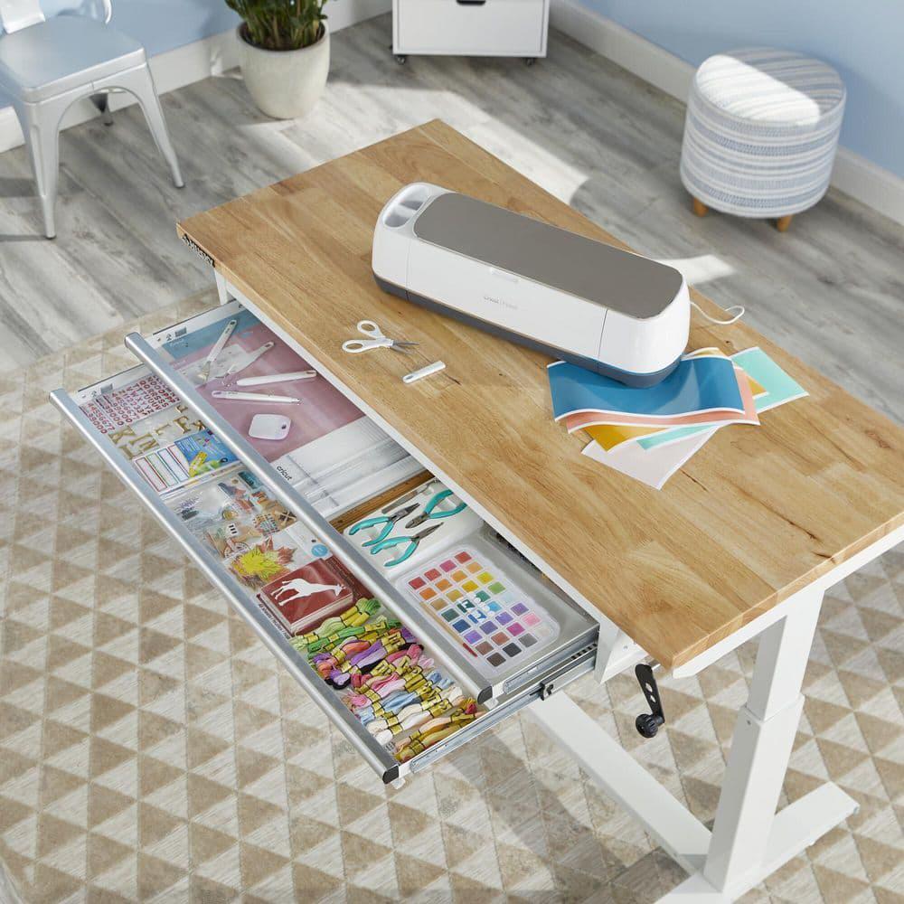 Workbench Table 52 W x 24 Steel 2-Drawer Adjustable Height Solid Wood Top White
