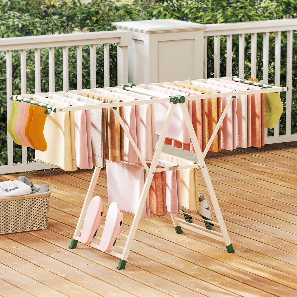 Foldable Metal Laundry Drying Rack w/Height Adjustable Wings, 18 Drying Rails