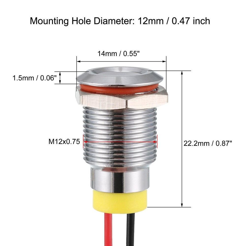 LED Indicator Light AC/DC 12V 12mm Flush Panel Mount White LED Metal Shell