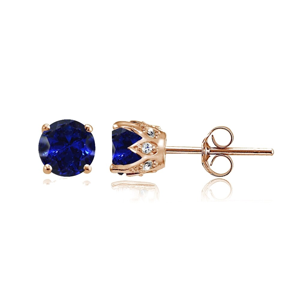 Rose Gold Flashed Sterling Silver Created Blue Sapphire & CZ Crown Stud Earrings
