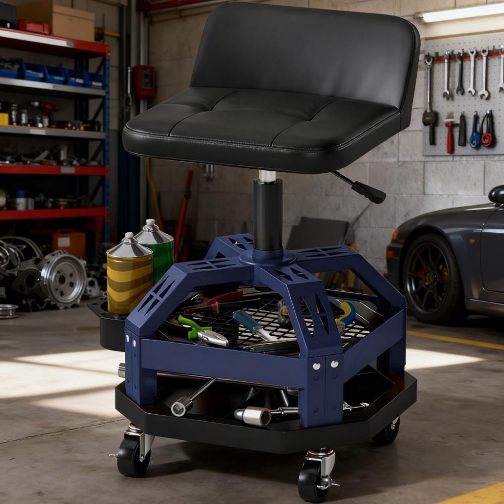 Height Adjustable Rolling Garage Stool on Wheels, Mechanic Stool with Tool Tray