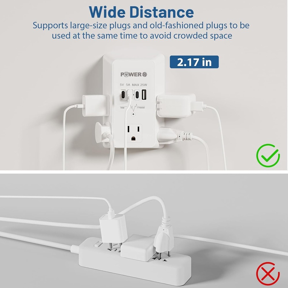 Electrical Outlet Extender with USB Ports, Surge Protector Wall Plug Adapter