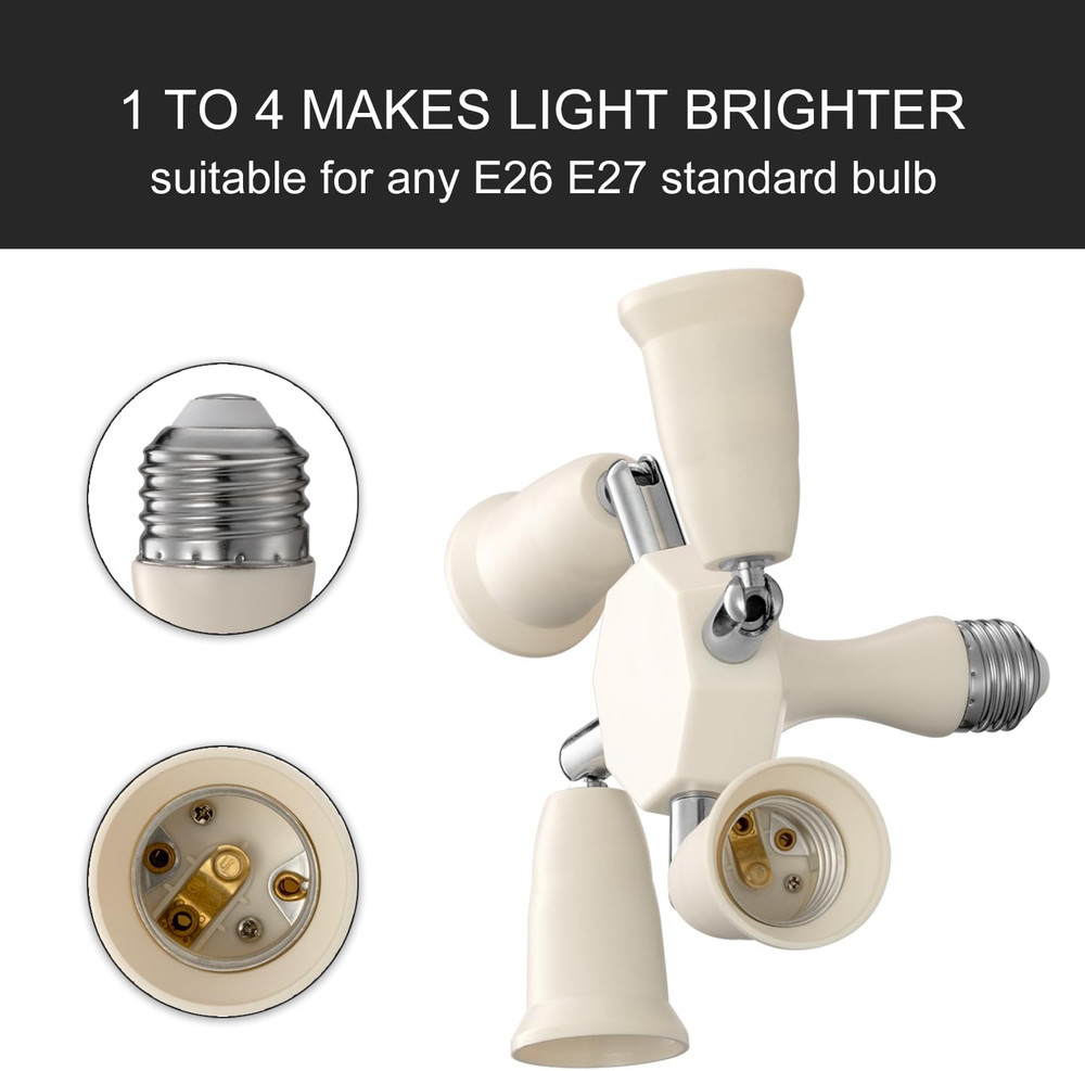 4 in 1 Light Socket Splitter Adapter, E26 E27 Standard Base LED Bulbs Converter