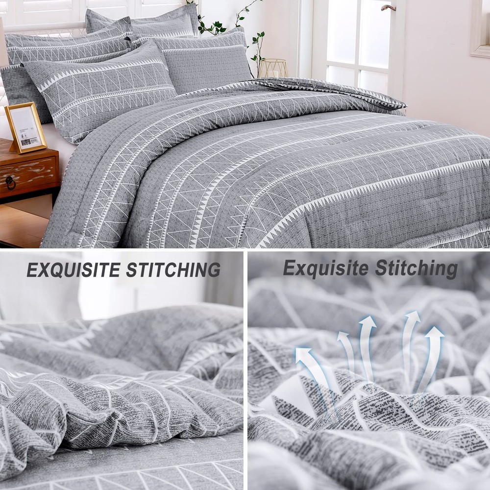 Grey Comforter Set Queen, Soft Microfiber Reversible Gray Boho Down Alternative
