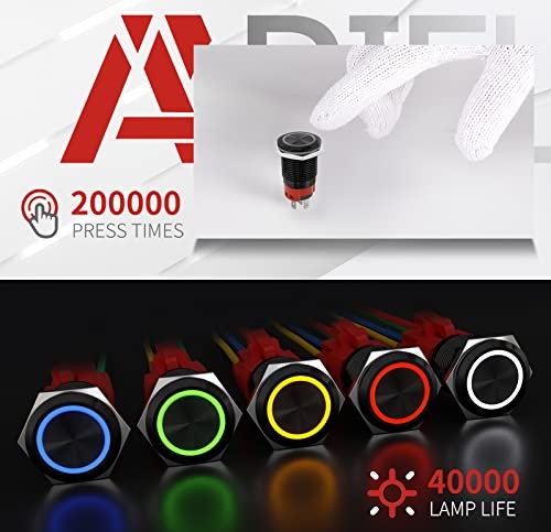 16mm Momentary Black Push Button Switch On Off with 12V LED Black Shell-Blue