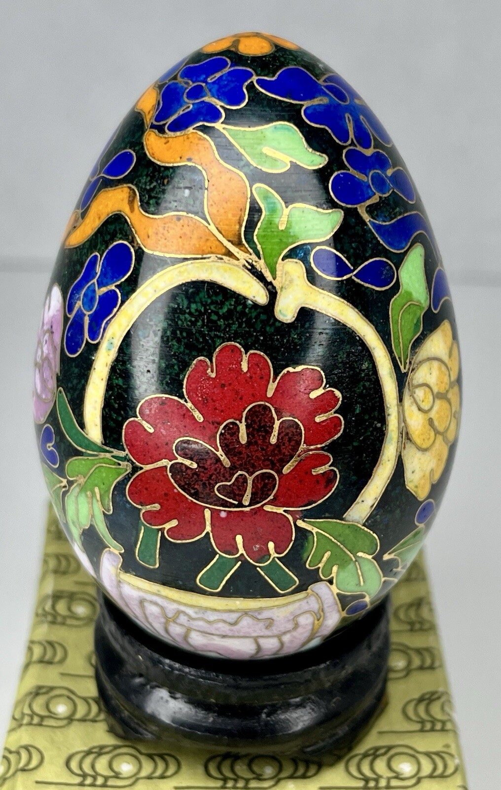 Vintage Chinese Black Cloisonné Enamel Copper Egg Pink Flowers Wood Stand In Box