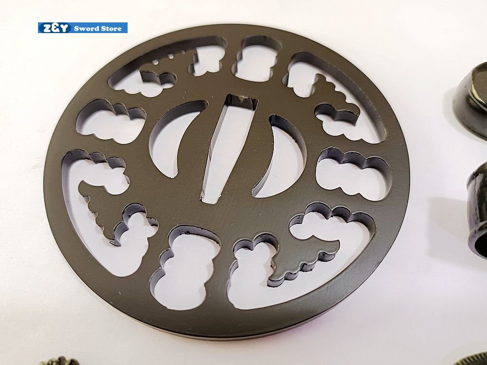 Black Round Tsuba Accessory Flower Theme